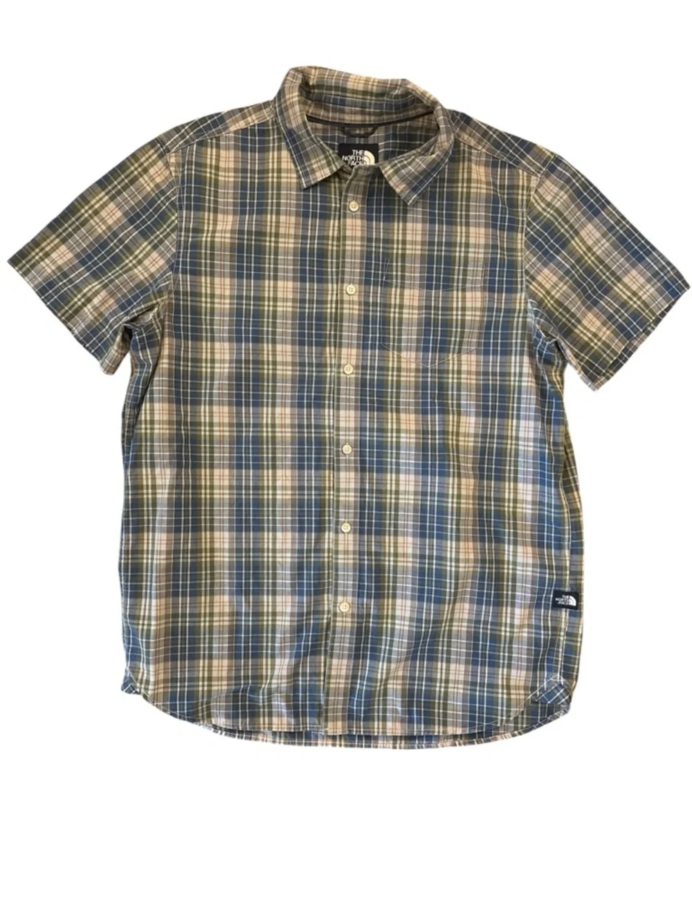The North Face Short Sleeve Shirt Blue Green Plaid Hiking Camping Outdoor |L
